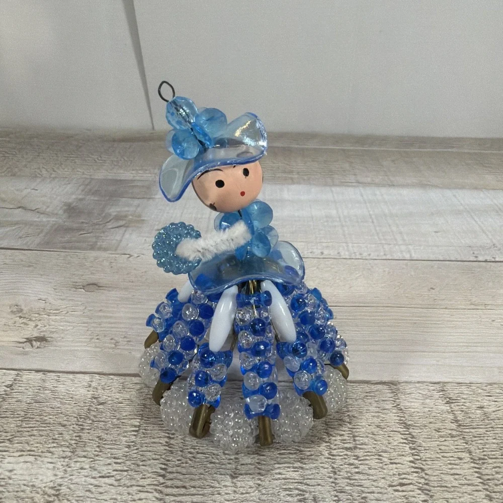 Vintage Handmade Beaded Safety Pin Victorian Lady Christmas Ornament Blue